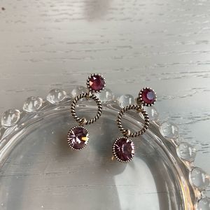 Silver Retro Inspired Purple Cubic Zirconia Drop Hoop Earrings